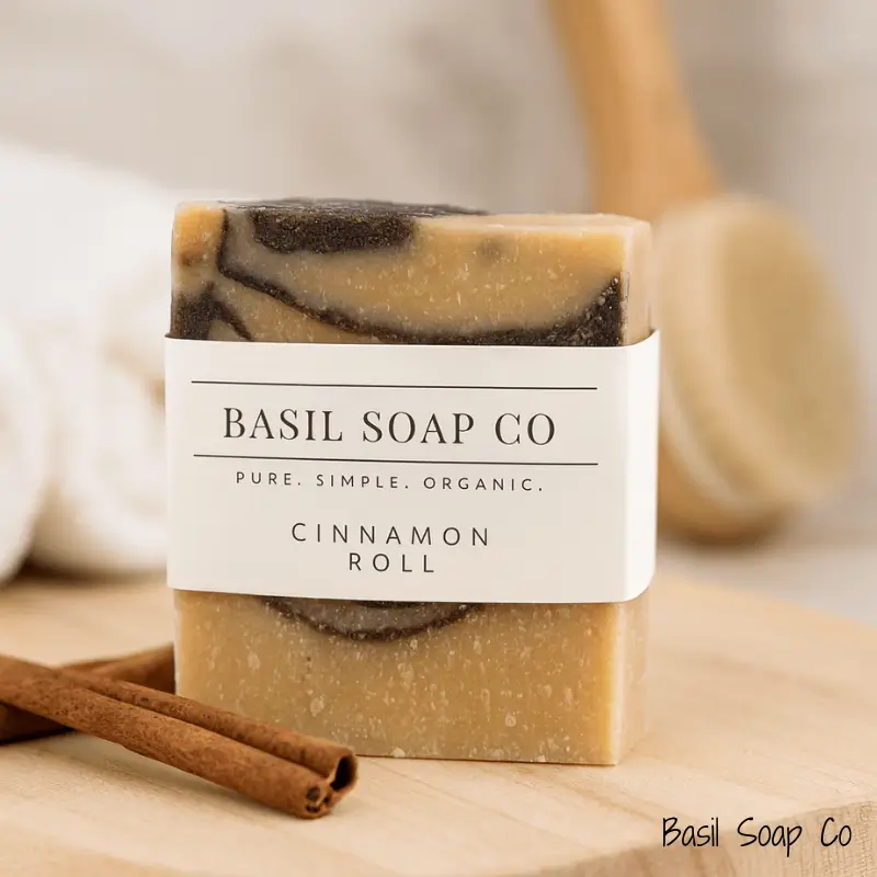Cinnamon roll soap with Basil Soap label with bathroom items in the background
