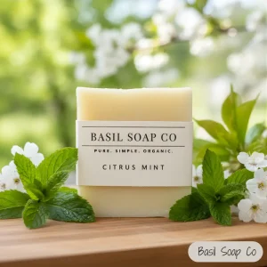Citrus Mint handmade soap surrounded by mint and orange blossoms.