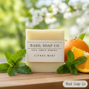 Citrus Mint handmade soap surrounded by mint and orange slices.