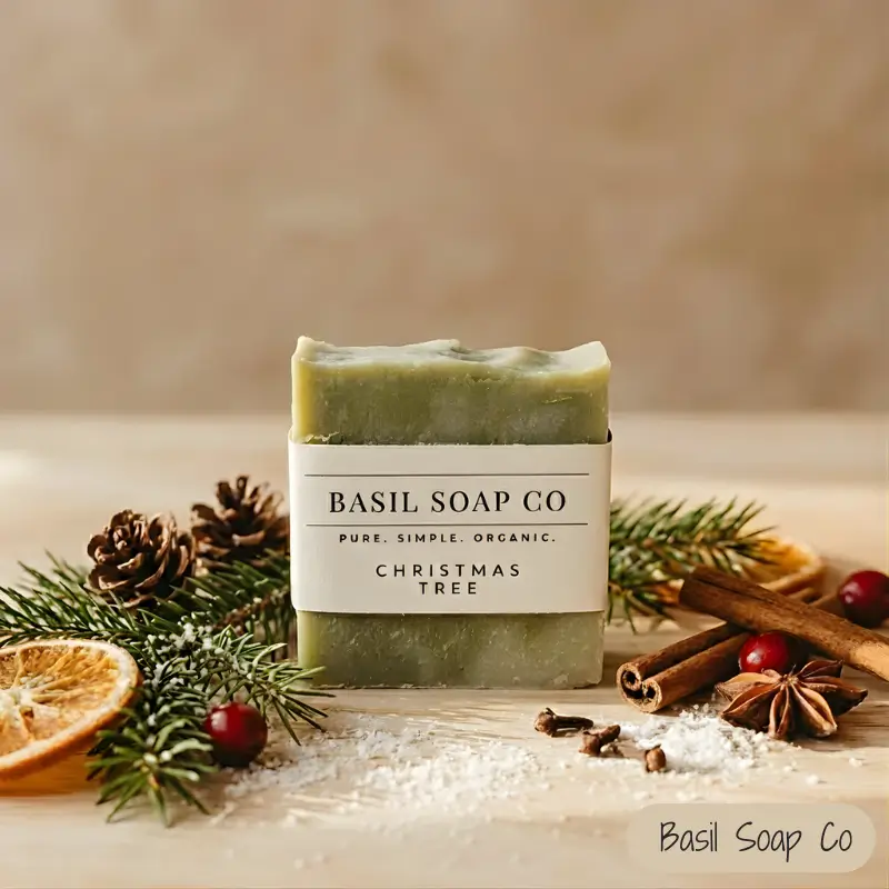 Christmas Tree handmade soap surrounding by holiday decor.