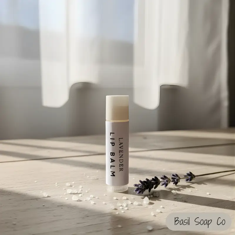 Close-up shot of an all-natural Lavender Lip Balm stick, with lavender sprigs and sea salt flakes on a rustic wooden table in soft sunlight.