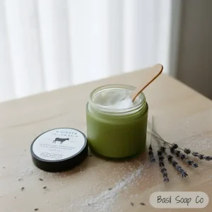 Whipped Beef Tallow Balm in a green jar with a wooden applicator stick, beside the labeled lid and lavender on a rustic wooden table.